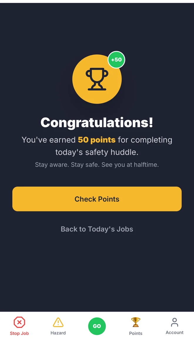 Congratulations screen awarding 50 points for completing the safety huddle