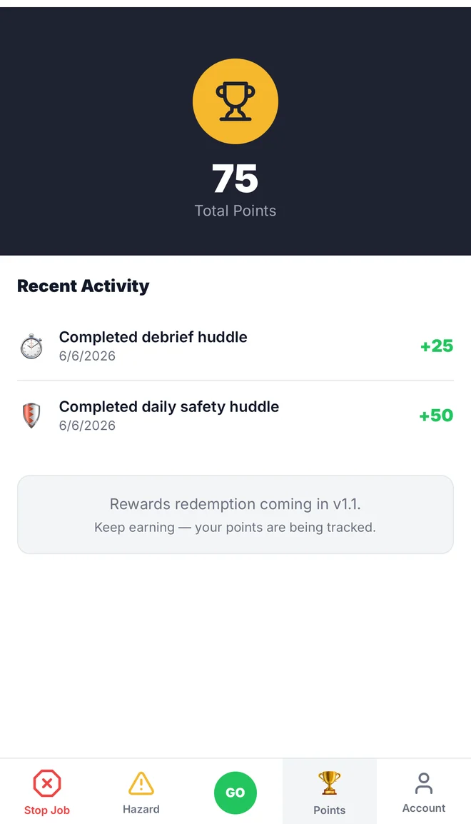 Points screen showing recent safety activity