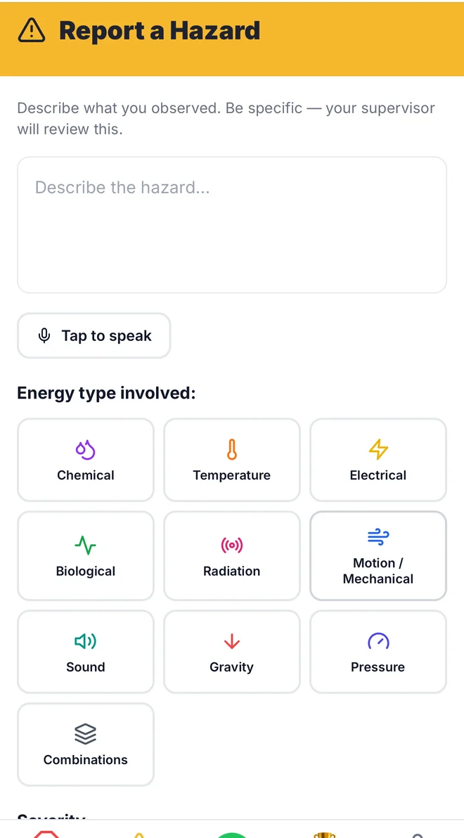 Report a Hazard screen with energy types
