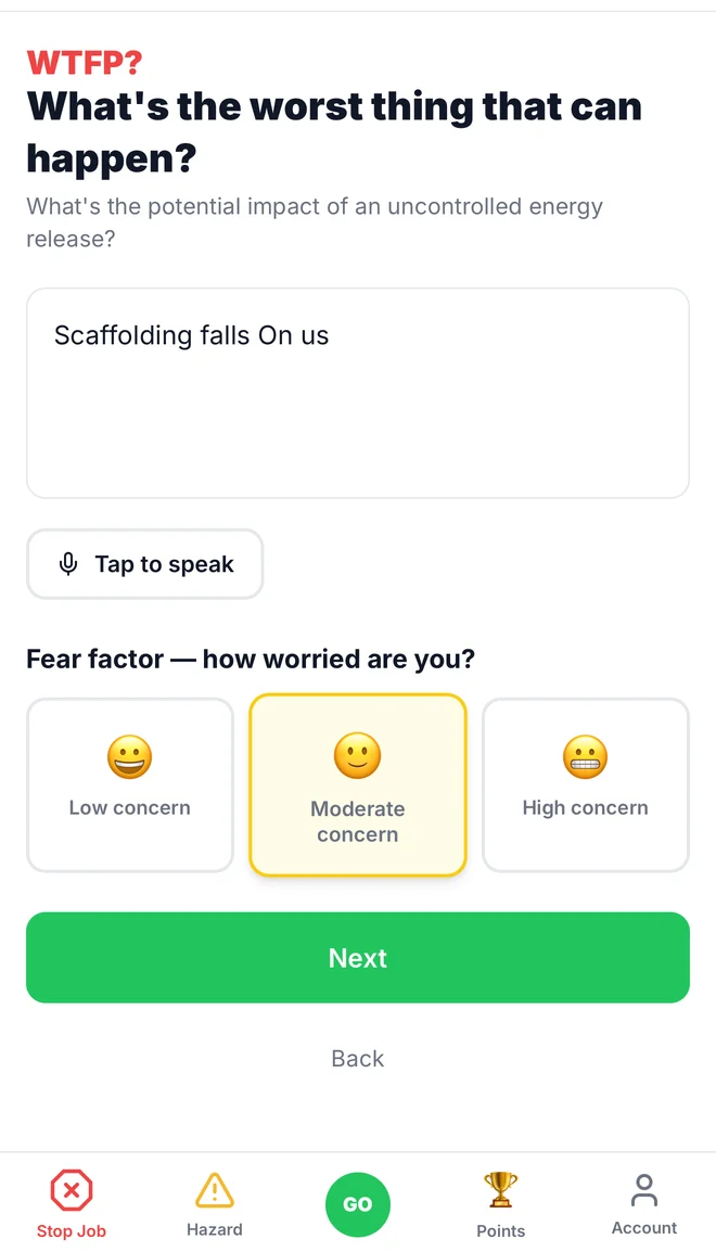 WTFP screen asking what the worst thing that can happen is