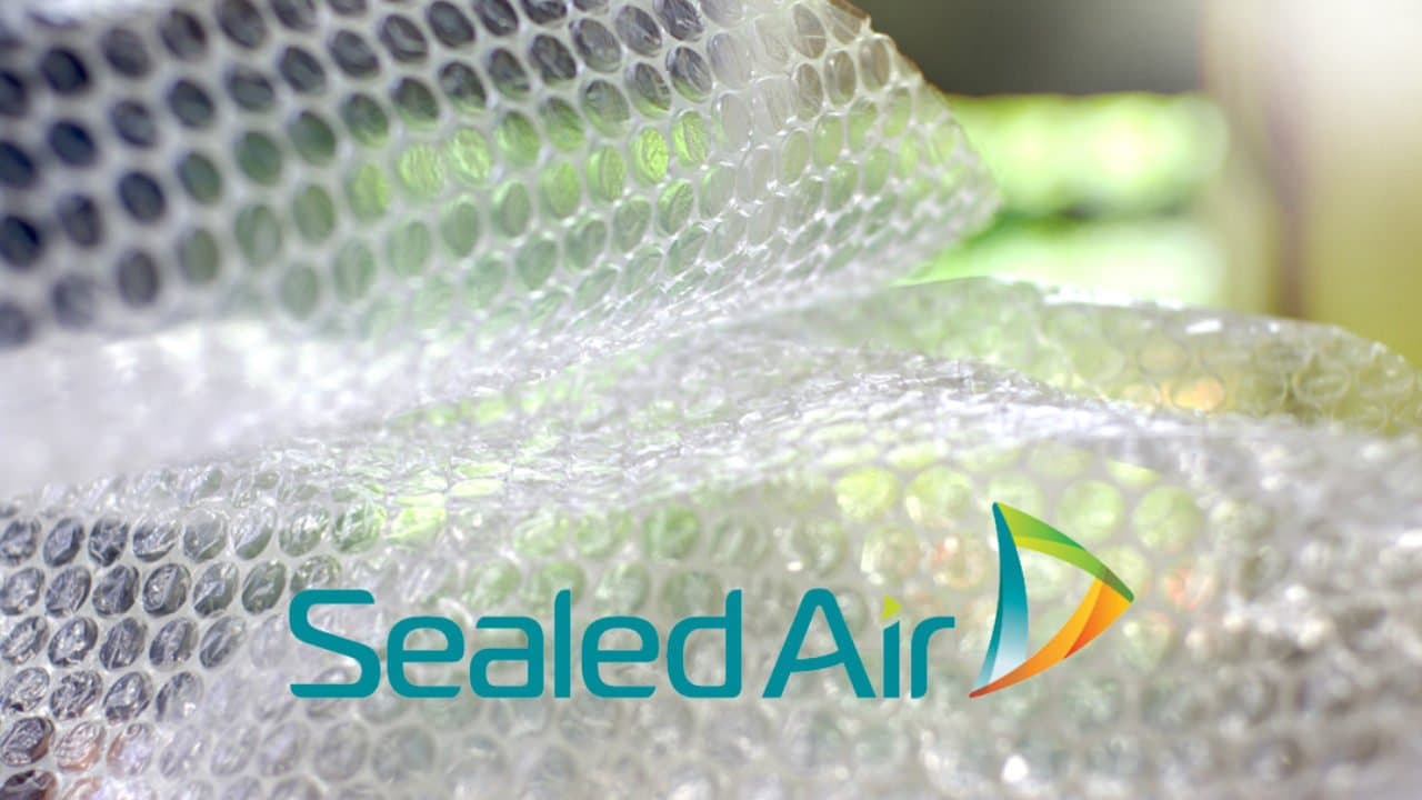 Close-up of clear bubble wrap with the Sealed Air logo