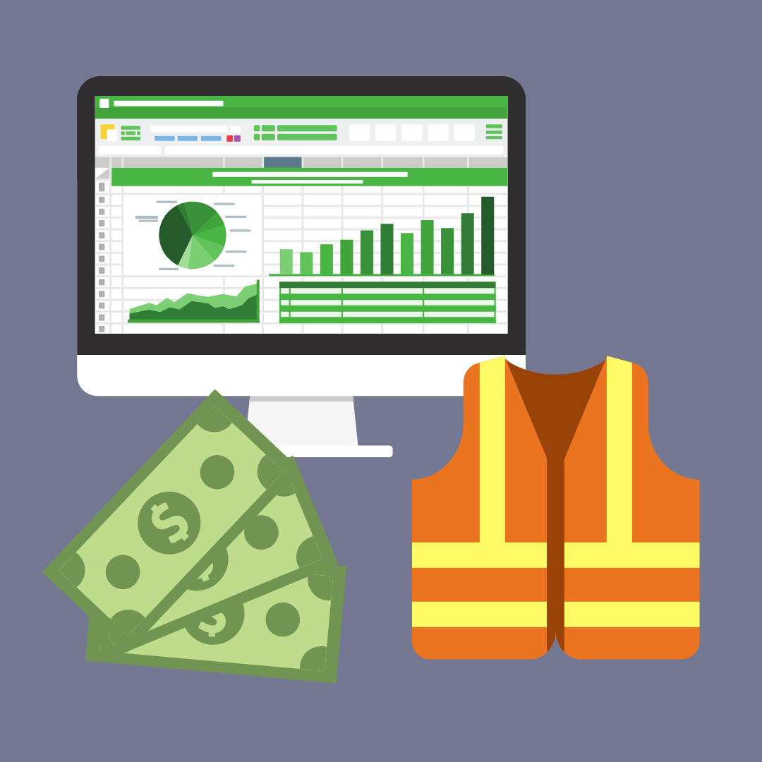 Financial charts beside a high-visibility safety vest