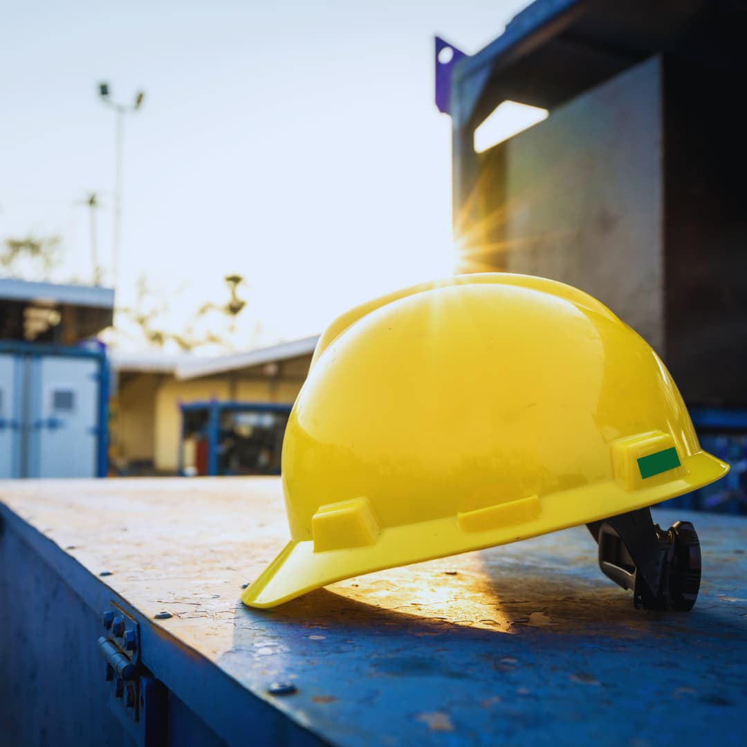 A hard hat resting on a table at sunrise